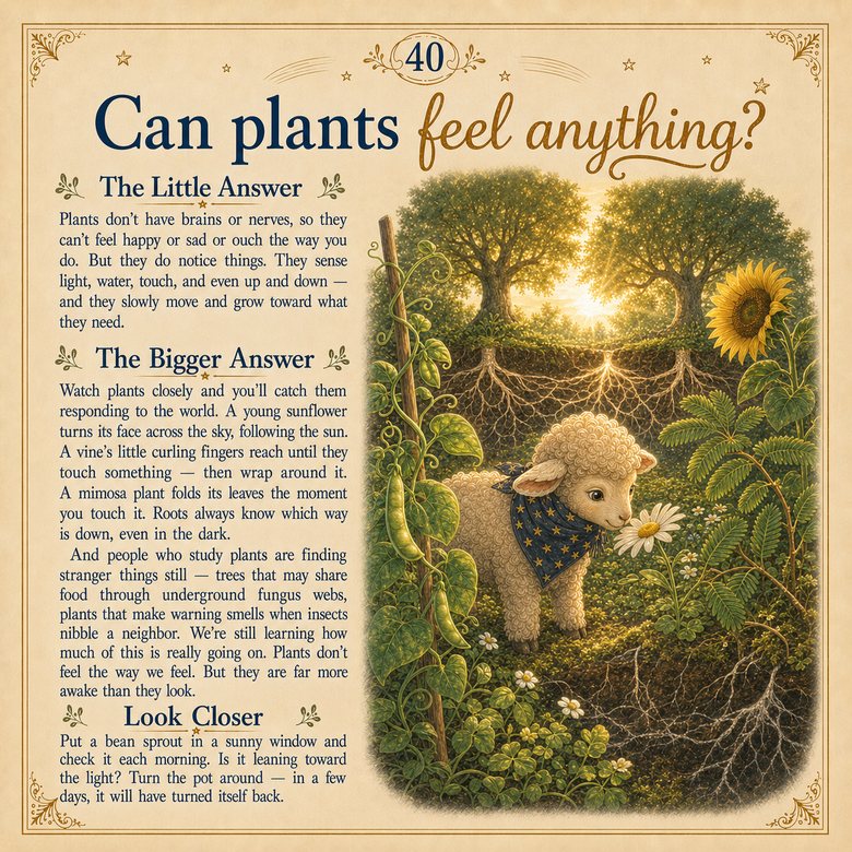 The page for "Can plants feel anything?" — a garden at golden hour, roots finding their way down