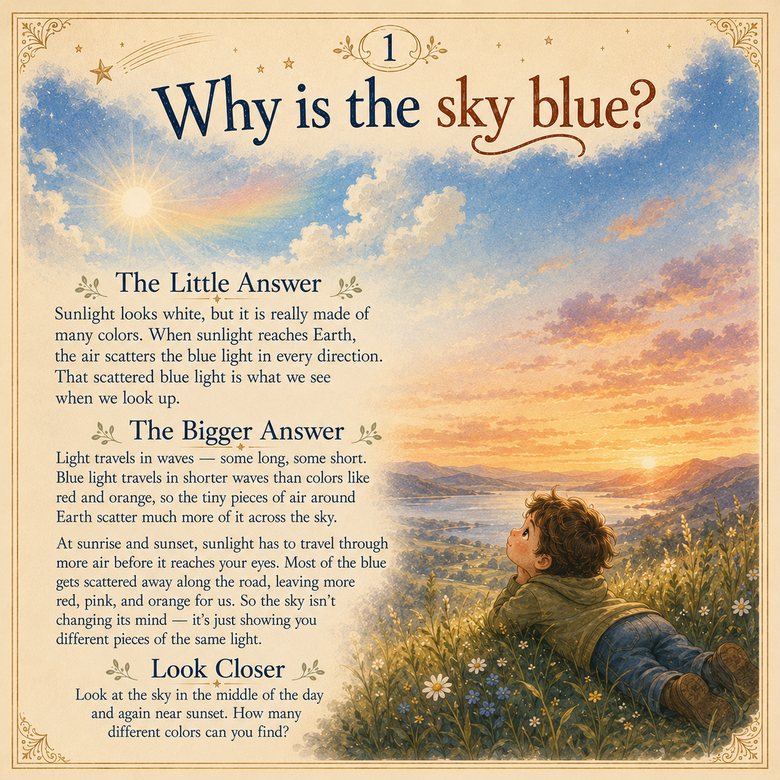 The page for "Why is the sky blue?" — a child lying in the grass under a sunset sky