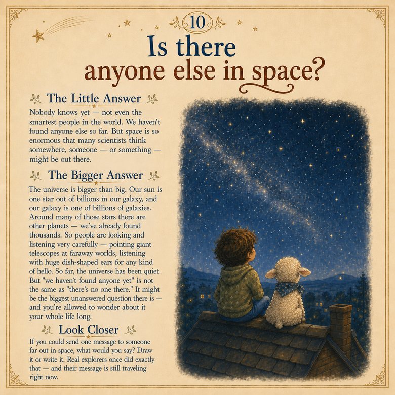 The page for "Is there anyone else in space?" — a rooftop under a crowded night sky