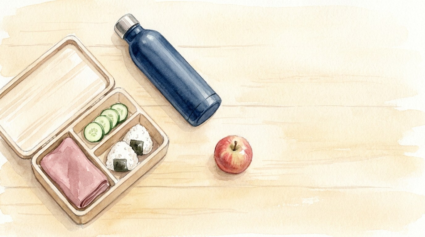 An open bento lunch box and water bottle on a wooden table