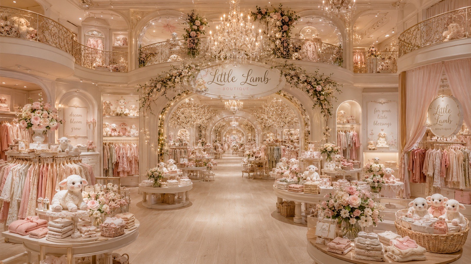 Illustration of a children's boutique interior — shelves of toys, small clothes on rails