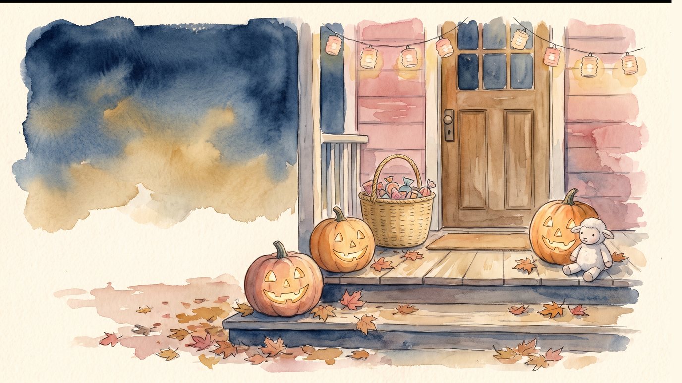 A front porch at dusk with glowing pumpkins, a basket of treats and a small toy lamb on the steps
