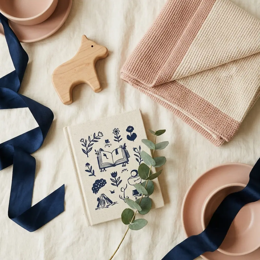 A softly-styled flatlay of children's gifts